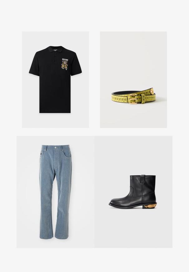 Čierne polo tričko s krátkym rukávom a trojriadkovým zapínaním na gombíky, s grafikou medvedíka a textom "Moschino" na ľavej strane prsia.; Svetlomodré kordové nohavice s gombíkovým a zipsovým uzáverom, prednými vreckami a rovnými nohavicami na bielom pozadí.; Čierna kožená členková čižma s hladkým povrchom, zaoblenou špičkou a zlatým akcentom v tvare veľryby na päte. Minimalistický dizajn.; Žltý opasok s čiernymi značkami meracej pásky a zlatou prackou s logom Moschino, zvitý na bielom povrchu.