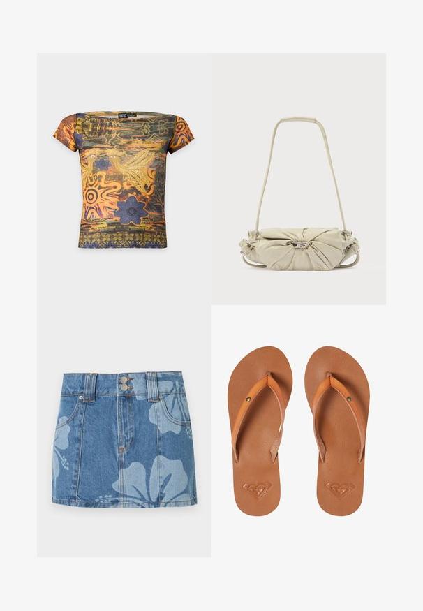 Tightsiddet top med korte ærmer med orange, grønne og lilla abstrakte mønstre, fugle, blomster og teksten "Love Birds" på forsiden.; Blå denim mininederdel med store lyse blomsterprint, forlommer, bæltestropper og dobbelt knaplukning i taljen.; Brune syntetiske klipklapper med orange stropper, tekstureret overflade og præget hjerte-logo detalje på sålen.; Beige skuldertaske i læder med samlet design og sølv spænde, der har en lang rem og polstret håndtag.