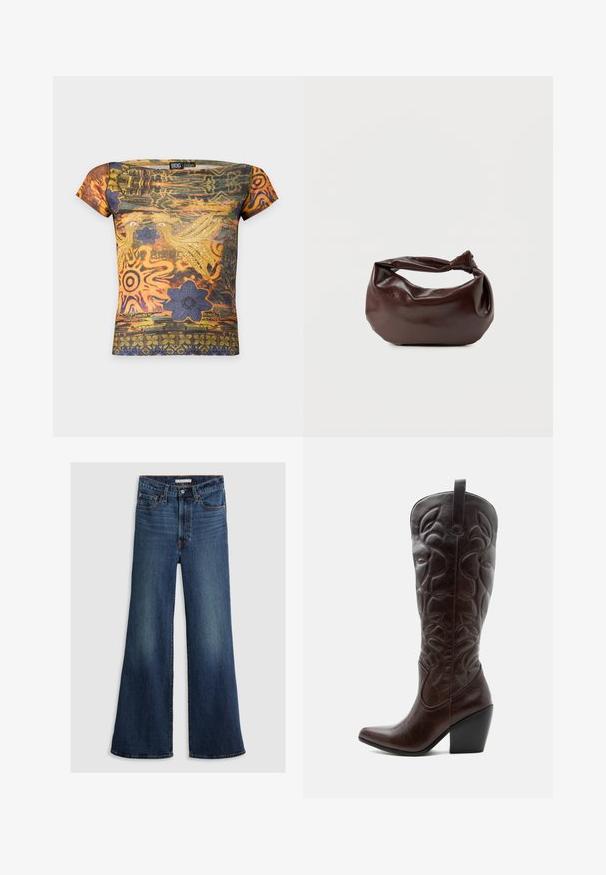 Kurzärmeliges, figurbetontes Oberteil mit orange-, grün- und lila-farbenen abstrakten Mustern, Vögeln, Blumen und dem Text "Love Birds" auf der Vorderseite.; Weite Jeans aus dunkelblauem Denim mit hoher Taille, Fünf-Taschen-Design und kontrastierenden Nähten entlang der Nähte und des Bunds.; Hoher dunkelbrauner Leder-Cowboystiefel mit gestickten dekorativen Mustern, spitzer Spitze und gestapeltem Blockabsatz.; Dunkelbraune Lederschultertasche mit weicher, lockerer Form und einem gedrehten Knotengriff vor schlichtem weißem Hintergrund.