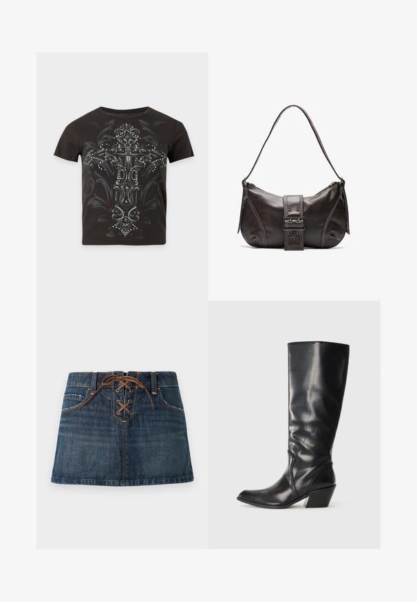Schwarzes kurzärmeliges T-Shirt mit großem verziertem Kreuzdesign in Grau und Silber, vorne mit kleinen Nieten verziert.; Dunkelblaue Jeans-Minirock mit Fronttaschen und braunen Schnürdetail am Bund.; Schwarze Leder-Stiefel bis zum Knie mit spitzem Zeh, angularer Ferse und glatter Textur. Verfügt über einen dezenten gesteppten Akzent an der Seite.; Braune Lederumhängetasche mit gebogener Form, die mit einem auffälligen Schnallendetail, kontrastierenden Nähten und einem einzigen Schulterriemen ausgestattet ist.