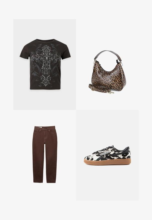 Schwarzes kurzärmeliges T-Shirt mit großem verziertem Kreuzdesign in Grau und Silber, vorne mit kleinen Nieten verziert.; Braune Jeans mit geradem Bein, vorderem Knopf- und Reißverschluss sowie einem Fünf-Taschen-Design auf weißem Hintergrund.; Niedriger Reebok Sneaker mit schwarz-weißem Kuhmuster-Obermaterial, schwarzen Akzenten und einer Gummisohle vor weißem Hintergrund.; Handtasche mit Leopardenmuster, kurzem Henkel, seitlichen Nieten, Reißverschluss und abnehmbarem, passendem Schulterriemen, gezeigt vor weißem Hintergrund.