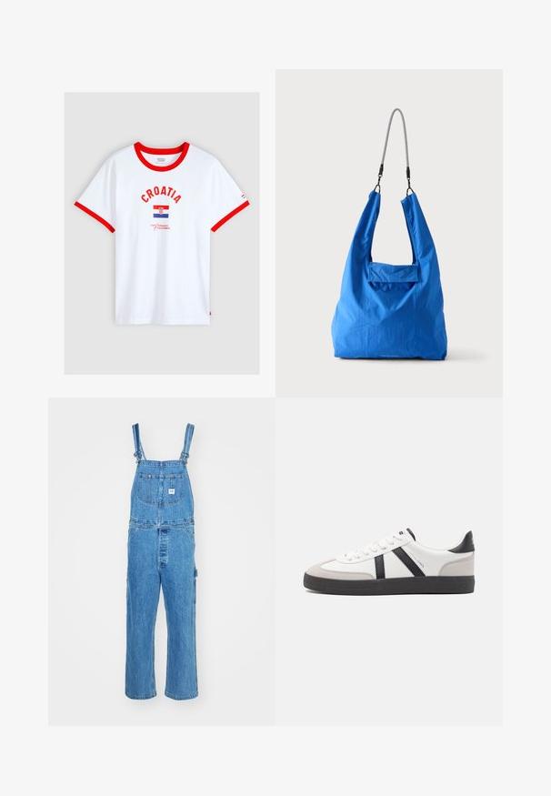T-shirt blanc avec col et bords de manches rouges, inscription « CROATIA » au-dessus du drapeau croate et logo Levi Strauss of California au centre devant.; Salopette en denim avec bretelles réglables, jambes larges et une poche frontale avec une étiquette. Couleur bleu clair avec une finition texturée.; Baskets blanches avec des accents noirs et gris, présentant un embout texturé gris, une semelle en caoutchouc noir et des lacets plats blancs. Design épuré, style minimaliste.; Sac fourre-tout en tissu doux bleu vif avec une bandoulière en corde noire et blanche sur un fond clair uni.