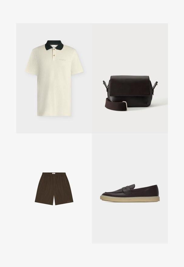 Polo en maille crème à manches courtes avec col noir, deux boutons et une broderie discrète "Les Deux" sur la poitrine.; Shorts décontractés marron avec taille élastique, poches latérales et logo discret de la marque près de l'ourlet sur la jambe droite.; Mocassin en cuir marron foncé avec semelle en caoutchouc beige et design à enfiler, présenté en profil latéral sur fond blanc.; Sac bandoulière en cuir marron foncé avec fermeture à rabat et sangle en tissu réglable sur fond blanc.