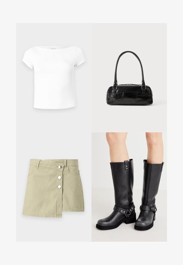 Hvid kortærmet dame croppet top med bådudskæring, glat stof og Hollister mærkat inde i kraven.; Beige denim omlægningnederdel med sølvfarvede trykknapper foran og bæltestropper, der har en let overlapning på højre side foran.; Sorte læder støvler i knæhøjde med bred skaft, remdetaljer, sølv hardware og flad sål. Glat tekstur med en let glans.; Sort læderhåndtaske med rektangulær form, der har et enkelt struktureret håndtag, sølvhardware og lynlås-lukning. Glat tekstur.