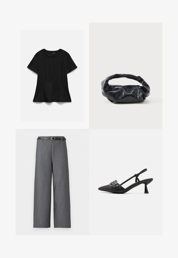 Camiseta negra de manga corta con cuello redondo y dobladillo ligeramente acampanado, mostrada extendida sobre fondo blanco.; Pantalones grises de pierna ancha con cintura alta, combinados con un cinturón negro delgado con una pequeña hebilla dorada.; Simmi London DALA - Tacones - black; Bolso negro hecho de un material brillante y texturizado con un asa circular retorcida y un cierre de cremallera. Presenta un diseño suave y arrugado.
