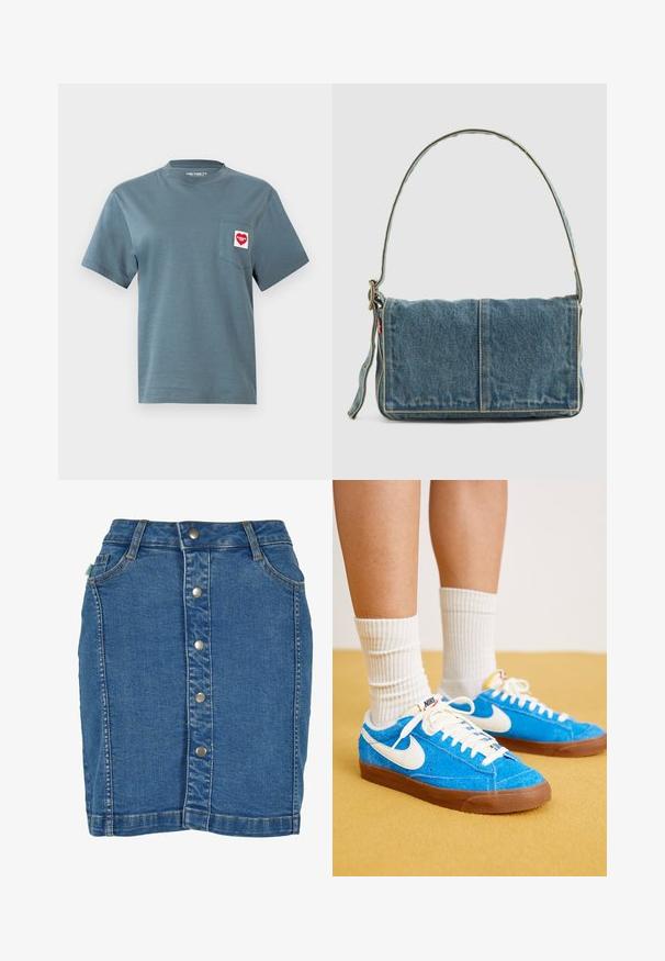 Blauw T-shirt met korte mouwen en een ronde hals, met een borstzakje aan de linkerkant met een rood-wit hartvormig Carhartt WIP-logo.; Denim rok met een sluiting aan de voorkant met knopen, een aansluitend ontwerp, lichtblauwe kleur en subtiele stiksels.; Blauwe suède Nike sneakers met witte accenten, platte veters en bruine rubberen zolen, gecombineerd met geribbelde witte sokken.; Denim schoudertas met een opvouwbaar ontwerp, lichtblauwe kleur, zichtbare stiksels, verstelbare schouderband en een zijlabel accent.