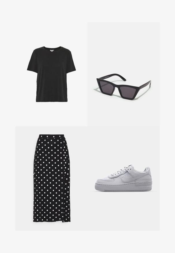 T-shirt noir uni à manches courtes et col rond, coupe décontractée, en tissu doux.; Jupe noire à pois blancs, faite en tissu doux. Elle présente une coupe droite et une fente en bas pour plus de liberté de mouvement.; Basket en cuir lisse gris Nike Air Force 1 avec un bout perforé, une semelle épaisse et un détail 'AIR' en relief sur le talon.; Lunettes noires angulaires avec des verres gris ; fabriquées en plastique, avec des branches épaisses à la surface lisse et sans matériel visible.
