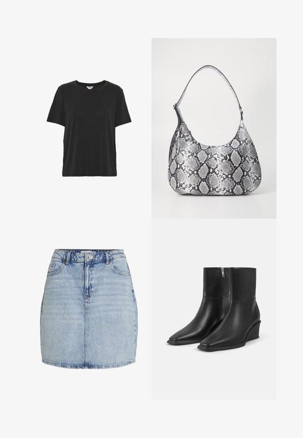 Schlichtes schwarzes T-Shirt mit kurzen Ärmeln und Rundhalsausschnitt, lockerer Passform, aus weichem Stoff gefertigt.; Hellblaue Jeans-Minirock mit vorderem Knopf- und Reißverschluss, Gürtelschlaufen und vorderen Taschen.; Paar schwarze Leder-Stiefeletten mit spitzen Zehen, Keilabsätzen und seitlichen Reißverschlussverschlüssen auf einfachem hellem Hintergrund.; Schultertasche im schwarz-weißen Schlangenprint mit runder Form, glatter Textur und gebogenem Tragegurt. Mit einem silbernen Hardware-Akzent.