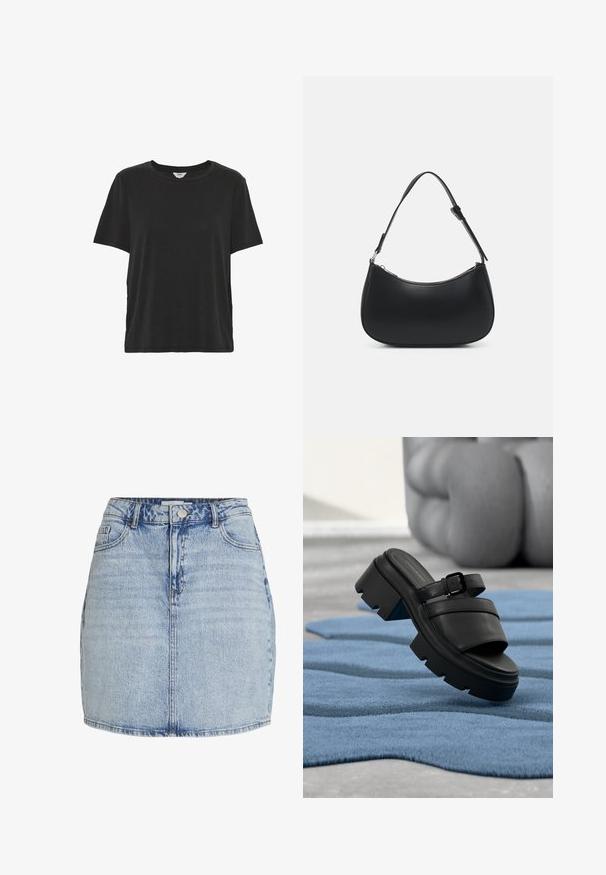 Effen zwarte T-shirt met korte mouwen en ronde hals, met een ontspannen pasvorm, gemaakt van zacht materiaal.; Lichtblauwe denim mini-jurk met een sluiting met knopen en rits aan de voorkant, riemlussen en voorzakken.; Zwarte sandalen met een chunky hak en een gespband, zwevend boven een gestructureerd blauw tapijt, met wazige gebogen benen op de achtergrond.; Pieces PCALUANA SHOULDER BAG - Handtas - black