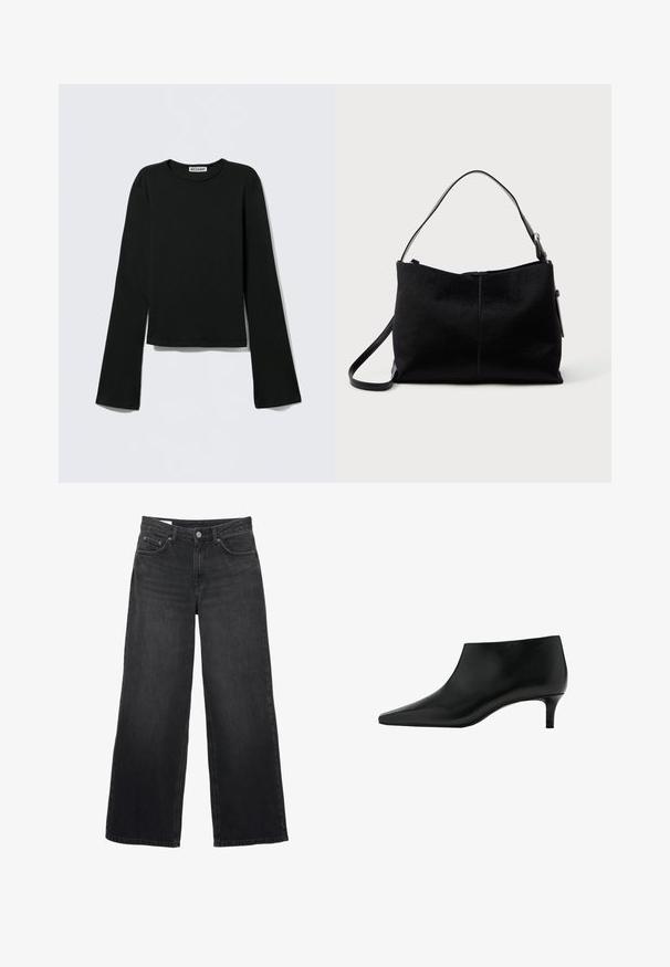 Zwart topje met lange mouwen gemaakt van zacht materiaal. Heeft een ronde halslijn en wijde mouwen met een cropped zoom. Label met de tekst "WEEKDAY."; Zwarte jeans met brede pijpen, hoge taille, sluiting met knopen en rits aan de voorkant, riemlussen en een ontwerp met vijf zakken.; Zwarte leren enkellaars met puntige neus en lage kittenhak, ontworpen voor elegante en formele gelegenheden.; Zwarte schoudertas met een zachte, gestructureerde oppervlakte, voorzien van een enkele schouderband en een ritsluiting aan de bovenkant. Compacter rechthoekige vorm.