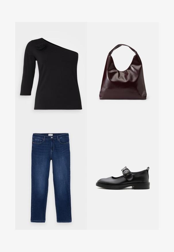 Sort off-shoulder top med trekvartærmer, der har en dekorativ stofrose på venstre skulder, lavet af glat, strækbart materiale.; Mørkeblå denim jeans med lige pasform, fem-lomme design, synlige sømme og en metalknaplukning i taljen.; Sort læder Mary Jane-sko med tyk sål, rundet tå, sølvspænde og trækflig bagpå.; Bordeaux, skinnende vegansk læder tote taske med en blød, skulpturel form og et bredt, buet håndtag for nem bæring.