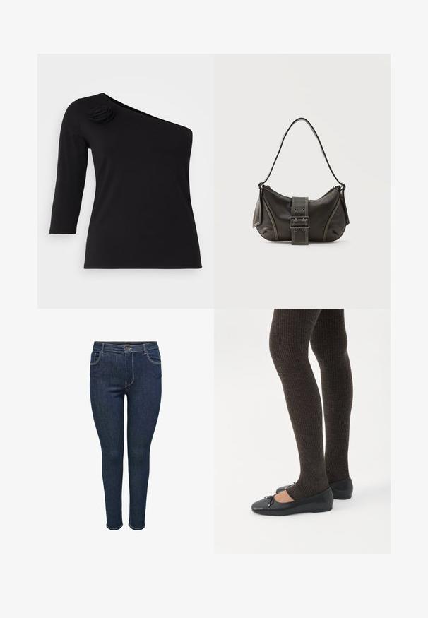 Zwarte off-shoulder top met driekwartmouwen, voorzien van een decoratieve stoffen roos op de linkerschouder, gemaakt van een gladde, rekbare stof.; Donkerblauwe denim skinny jeans met een vijf-pocket ontwerp, voorzien van een knoopsluiting en stiksels op de naden. Gladde textuur, aansluitende stijl.; Benen met donkere geribbelde leggings gecombineerd met zwarte ballerina's met kleine strikdetails op een witte achtergrond.; Zwarte leren schoudertas met gespsluiting aan de riem, afgeronde hoeken en contrasterende witte stiksels op een effen achtergrond.