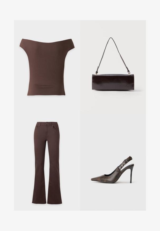 Haut marron ajusté à épaules dénudées avec manches courtes et encolure droite sur fond blanc.; Jean taille haute marron foncé avec fermeture par bouton et fermeture éclair, poches avant, et jambes évasées sur un fond uni clair.; Chaussure à talon haut slingback en cuir marron, à bout pointu, avec une sangle réglable et un talon aiguille noir sur fond uni.; Sac à main rectangulaire en cuir noir avec une longue bandoulière unique et une finition brillante, présenté sur un fond blanc uni.
