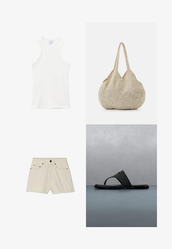 Weißes ärmelloses geripptes Tanktop mit hohem Ausschnitt und schmalen Schulterträgern, flach auf weißem Hintergrund liegend.; Denim-Shorts in Off-White mit fransigem Saum, fünf Taschen und Metallakzenten. Sie verfügen über einen klassischen Bund und eine lockere Passform.; Schwarze Calvin Klein Zehensandale, die über Holzlatten mit kleinen Steinen im Freien schwebt, unscharfer Hintergrund mit Grünpflanzen und Betonwand.; Even&Odd Shopping Bag - off-white