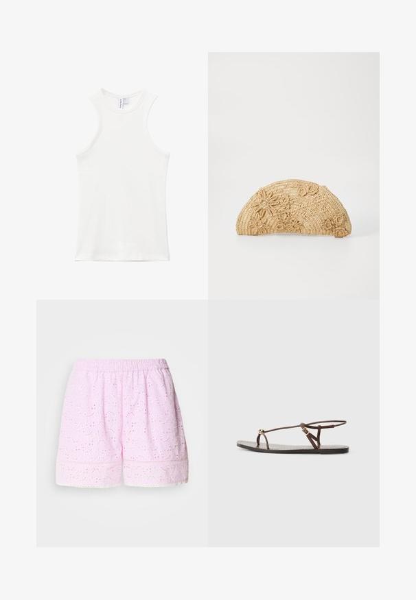 Débardeur blanc côtelé sans manches avec un col montant et des fines bretelles, posé à plat sur fond blanc.; Shorts en coton rose avec design floral brodé, taille élastique et bord en dentelle. Tissu léger et respirant.; Sandale en cuir marron avec des fines lanières, un accent circulaire doré et une semelle plate. Design minimaliste avec un détail de boucle réglable.; Vanessa Bruno Pochette - naturel