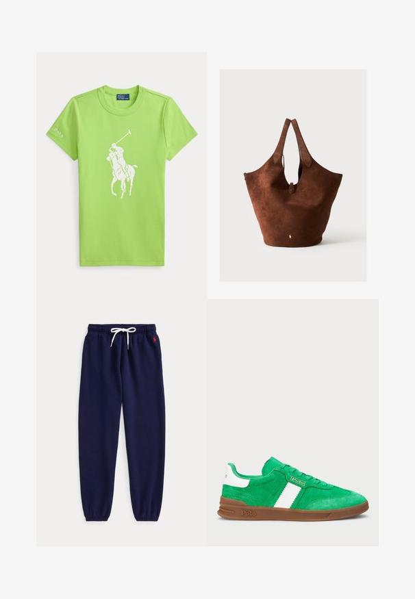 Camiseta de color verde claro de manga corta con un gráfico blanco de un jugador de polo a caballo centrado y texto "Polo" en la manga izquierda.; Pantalones jogger azul marino con cintura de cordón blanco y puños elásticos, con pequeño logo rojo bordado cerca del bolsillo izquierdo.; Zapatillas de ante verde con una franja horizontal blanca, suela de goma marrón y cordones tonales. Marca en el lateral y en la parte trasera.; Bolso tote grande de ante marrón con dos asas, una pequeña correa con cierre de botón y un logo blanco bordado cerca del centro inferior.