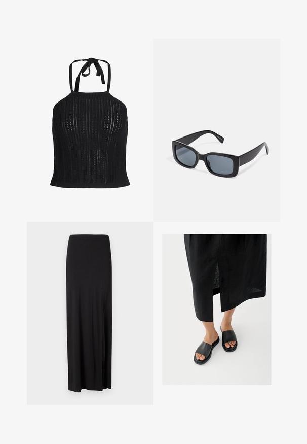 Sort strikket crop top med halterneck, vertikalt åbent strikkemønster og bindelukning ved halsen.; Sort maxi nederdel lavet af blødt, strækbart materiale. Har et sideslids og et enkelt, strømlinet design uden udsmykninger.; Sorte slidssandaler med bred rem, flad sål og minimalistisk design. Materialet virker glat med en mat finish.; Sorte rektangulære solbriller med mørkt tonede linser, tyk plastramme og brede stænger. Glat overflade og kantet design.