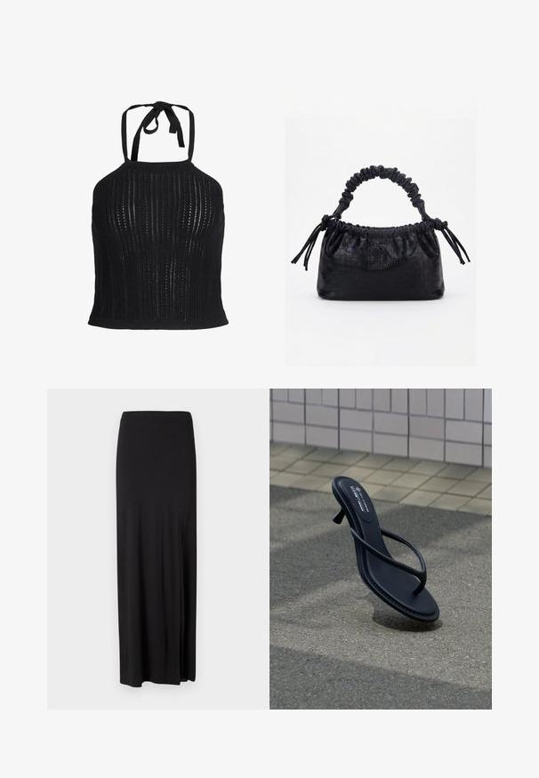 Crop top noir en maille tricotée avec encolure halter, motif vertical en maille ajourée et fermeture par lien au niveau du cou.; Jupe maxi noire en matériau doux et élastique. Elle présente une fente latérale et un design simple et épuré sans embellissements.; Sandale noire à talons et brides flottant au-dessus d’un pavement gris texturé avec un mur carrelé en arrière-plan.; Sac à main noir avec texture crocodile, bord supérieur froncé, poignée plissée et pompons à cordon de chaque côté sur fond blanc.
