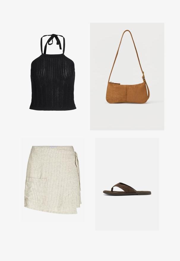 Sort strikket crop top med halterneck, vertikalt åbent strikkemønster og bindelukning ved halsen.; Beige omslagsskjørt med lodrette striber. Har en sidelomme, strukturert stof og justerbar snorelukning i taljen.; Brun ruskind flip-flop sandal med bred rem og tåpost på en flad, mørk sål mod en ensfarvet lys baggrund.; Brun skuldertaske i ruskind med en buet form, justerbar rem, lynlåslukning og minimal hardware. Glat tekstur med et enkelt design.