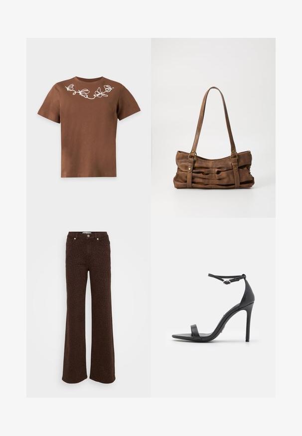 Brun t-shirt med korte ærmer og hvid sommerfugl-linjetegning over øvre bryst og halsudskæring på ensfarvet baggrund.; Brune udvide bukser med sort leopardprint, designet med klassiske fem lommer og sølvhardware. Lavet af denimstof.; Sorte højhælede sandaler med åben tå, tynde stropper og spænde om anklen. Glat lædertekstur med spidse tådesign.; Even&Odd Håndtasker - brown