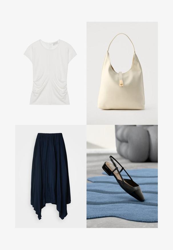 Witte top met korte mouwen en een ronde halslijn, voorzien van verticale plooien aan de zijkanten en een sleutelgat-sluiting op de rug met een lus. Glad materiaal.; Marineblauwe, geraffineerde maxi-rok met een vloeiende, asymmetrische zoom en een zachte textuur. Gemaakt van lichtgewicht materiaal met verticale plooien.; Zwarte slingback schoen van lakleer met een lage blokhak, rustend op een gestructureerd blauw golvend tapijt en grijze, gewatteerde meubels.; Crèmekleurige leren hobo-tas met een enkele schouderband, een gladde textuur en een goudkleurige sluiting aan de voorkant.