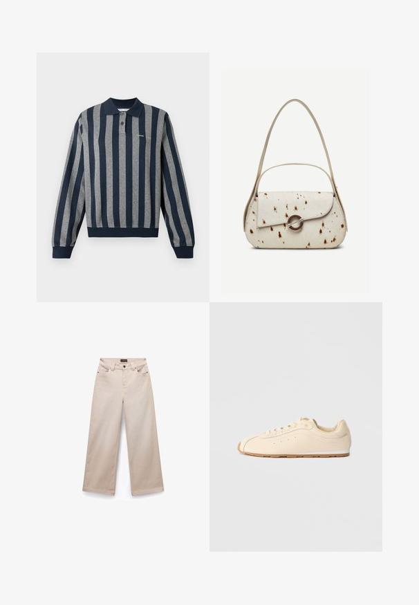 Langärmeliges Poloshirt mit dunkelblauen und grauen vertikalen Streifen, ausgestattet mit Kragen, Knopfleiste sowie geripptem Saum und Bündchen.; Beige weite Baumwollhosen mit glatter Textur. Sie verfügen über fünf Taschen, Gürtelschlaufen und silberfarbene Beschläge an der Vorderseite.; Beige Sneaker aus glattem Leder mit runder Zehenpartie, flacher Gummisohle und minimalistischem Design, das subtile Nähte und Perforationen aufweist.; Handtasche in Cremefarben mit braunen Sprenkeln, gebogenem Überschlag mit rundem Metallverschluss, ausgestattet mit zwei dünnen Riemen, einer längeren für die Schulter.