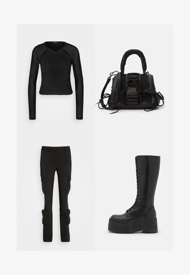 Even&Odd by Zalando Langærmet T-shirt - black; Weekday ILA CARGO TROUSER - Cargobukser - black; Zign by Zalando LEATHER - Snørestøvler - black; Sort håndtaske med en netlignende overflade, vævet håndtag og dekorativ snøring. Indeholder aftagelig rem og kontrasterende metaldele.