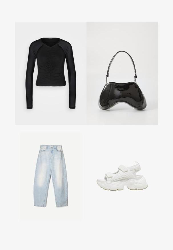Even&Odd Langarmshirt - black; Hellblaue Jeans aus Denim mit lockerer Passform, im ausgewaschenen Finish, zwei Fronttaschen und einem Knopfverschluss am Bund.; Weiße sportliche Sandale mit verstellbaren Klettverschlüssen, gepolsterter Sohle, offenem Design, dickem Profil und strukturierten Akzenten. Leichtes synthetisches Material.; Schwarze Handtasche aus lackiertem Leder mit einer einzigartigen, geschwungenen Form, kurzem verstellbarem Griff und einem Reißverschluss oben. Glatte Textur mit dezentem Branding.