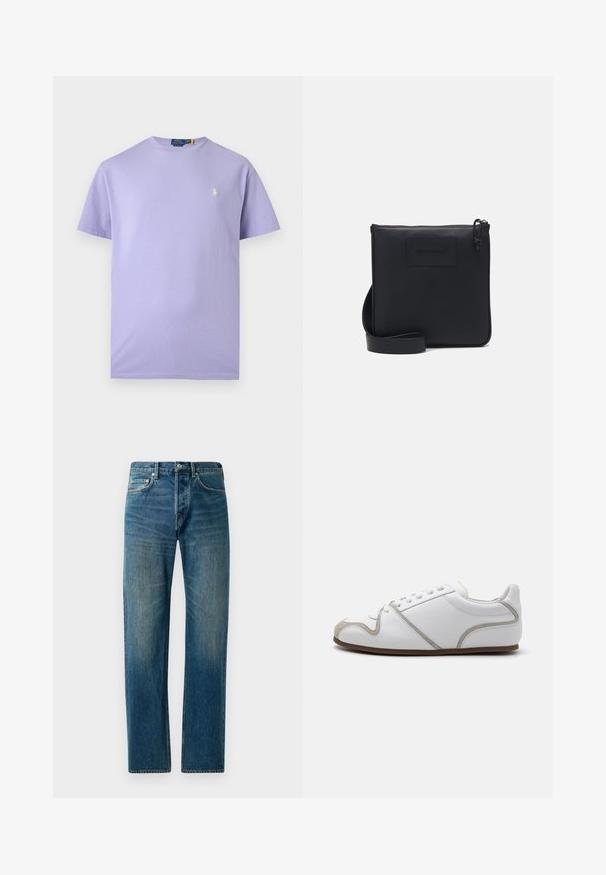 Hellviolettes T-Shirt mit kurzen Ärmeln und Rundhalsausschnitt mit kleinem weiß besticktem Polo Ralph Lauren Logo auf der linken Brust.; Blaue Denim-Jeans im Straight-Leg-Design, ausgestattet mit einem Fünf-Taschen-Stil, dezenten Verwaschungen und kontrastierenden Nähten.; Weiße Sneaker mit einem Obermaterial aus glattem Leder, grauen Suede-Akzenten und einem schlichten Schnürdesign. Rutschfeste braune Gummisohle; minimalistische Gestaltung.; Schwarze Leder-Umhängetasche mit strukturiertem Finish, rechteckiger Form, Reißverschluss und verstellbarem Träger. Mit subtiler Markenlogo auf der Vorderseite.