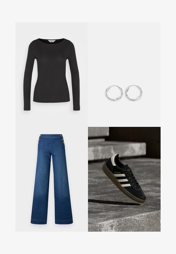 Sort, tætsiddende langærmet top med ribbet tekstur og bred rund halsudskæring, der har et lille logodesign på brystet.; Denimbukser med vidde i benene i mørkeblå. Har en flad front med fem knapper i gylden tone til lukning. Glat tekstur med en klassisk finish.; Sort Adidas-sneaker med hvide striber og gummisåler, svævende over grå betontrapper i naturligt lys.; Sølv hoops med en bølget, uregelmæssig tekstur. Har en tynd, cirkulær form og en reflekterende finish.