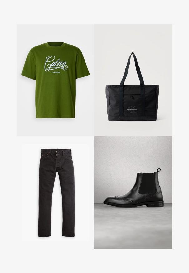 Grøn T-shirt med korte ærmer, prydet med hvid "Calvin" skrift og "Calvin Klein" tekst centralt placeret foran på en ensfarvet baggrund.; Sorte slim-fit jeans med knapåbning, fem lommer og kobbernitter liggende fladt på en hvid baggrund.; Sort læder Chelsea-støvle med brogue-detaljer, elastiske sidepaneler, træksløjfe og lav hæl, vist i luften mod en moderne indendørs gulv.; Sort Calvin Klein shopper med to lange håndtag, lynlåslomme foran samt logo trykt på frontens midte.