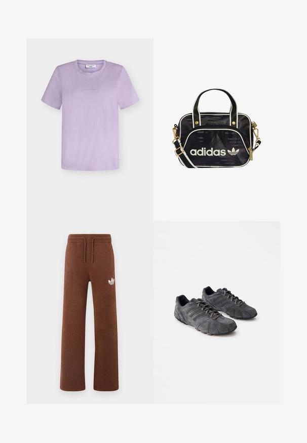 Fliederfarbenes T-Shirt mit kurzen Ärmeln und Rundhalsausschnitt, mit dezentem Logo auf der Vorderseite und kleinem weißem Seitenschild vor einfarbig weißem Hintergrund.; Braune Sweatpants aus weichem Stoff mit lockerem Schnitt, ausgestattet mit einem elastischen Bund, einem Kordelzug und einem weißen Logo am linken Oberschenkel.; Schwarze Wildledersportschuhe mit einer strukturierten Oberfläche, geschwungenem Design und Gummisohlen. Mit Schnürsenkeln und horizontalen Streifen an den Seiten.; Schwarze Adidas-Tasche mit goldfarbenen Beschlägen, weißen Akzenten, Reißverschluss, strukturiertem Muster, zwei Griffen und abnehmbarem Schulterriemen.