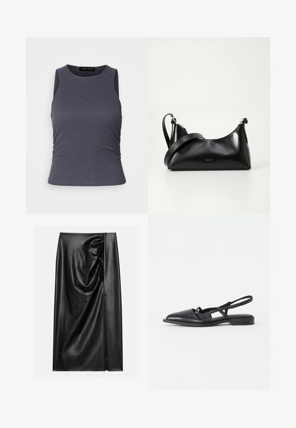 Haut sans manches gris foncé en tissu texturé, avec un col rond et des détails froncés sur les côtés pour un look ajusté.; Jupe en cuir noir avec une texture lisse, présentant une section froncée sur un côté et une fente sur le côté pour un détail supplémentaire.; Chaussure noire en cuir à bride arrière avec un bout pointu, un petit Talon, un design ajouré et un détail décoratif de boucle circulaire.; Sac à main en cuir noir avec une texture lisse. Dispose d'une bandoulière adjustable et d'un design élégant et minimaliste avec une fermeture éclair.