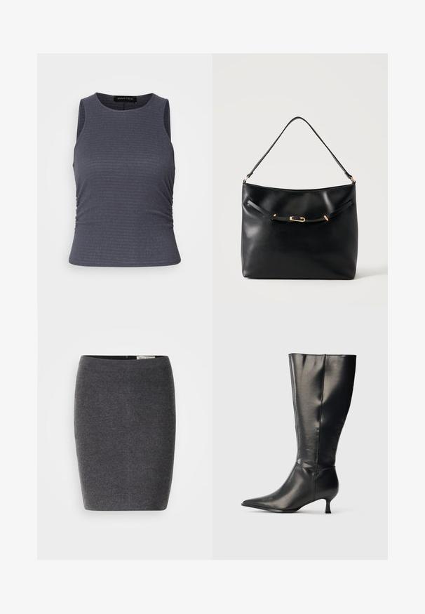 Mørkegrå ærmeløs top lavet af tekstureret stof, med en rund neckline og samlinger i siderne for et tætsiddende look.; Grå uld blyantskirt med en glat tekstur og tætsiddende design, med en diskret talje og uden synlige udsmykninger.; Sort knæhøj læderstøvle med spids tå og lav kittenhæl, vist på en enkel lys baggrund.; Sort skuldertaske i læder med en enkel strop og en lille guldlåsdetalje foran mod en ensfarvet lys baggrund.