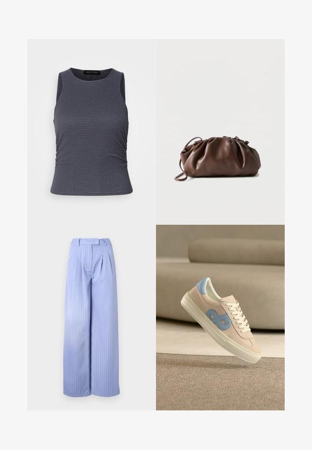 Donkergrijze mouwloze top van gestructureerde stof, met een ronde halslijn en geplooide details aan de zijkanten voor een aansluitende look.; Lichtblauwe wijde broek met een streepjespatroon, geplooide voorkant en een hoge taille. Gemaakt van een gladde stof met een zachte textuur.; Beige sneaker met witte veters en blauwe logodetail die boven een gestructureerd beige tapijt zweeft tegen een zachte beige achtergrond.; Zachte bruine leren tas met samengevouwen bovenkant en smalle riem, liggend op een witte achtergrond.