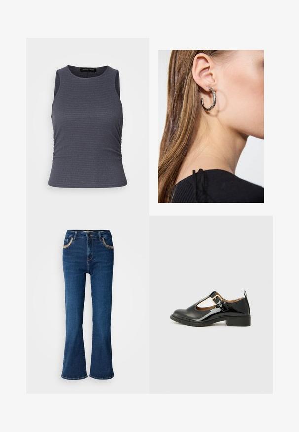 Donkergrijze mouwloze top van gestructureerde stof, met een ronde halslijn en geplooide details aan de zijkanten voor een aansluitende look.; Donkerblauwe uitlopende jeans met een gladde denimtextuur, contrasterende gouden stiksels en voorzakaccenten. Klassiek vijf-pocketontwerp.; Zwarte lakleren Mary Jane-schoen met een scherpe neus, enkelbandje, gouden gespsluiting en een lage blokhak. Gladde textuur.; Zilveren oorbel met een gepolijste afwerking, met kleine gouden accentdetails en een ronde vorm, gedragen op de oorlel.