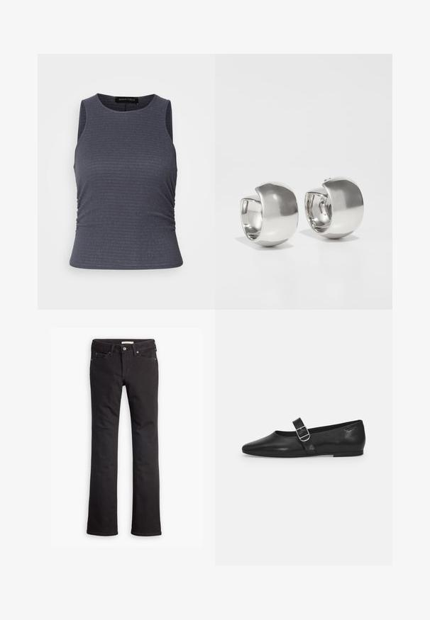 Haut sans manches gris foncé en tissu texturé, avec un col rond et des détails froncés sur les côtés pour un look ajusté.; Jean noir en denim, avec une coupe droite, taille standard, cinq poches et des détails de couture subtils.; Chaussure plate en cuir noir avec un bout arrondi, une seule sangle réglable à boucle et une texture lisse et brillante. Design minimaliste avec un petit talon.; Uncommon Matters SCULPTURAL LARGE CREOLE - Boucles d'oreilles - silver-coloured