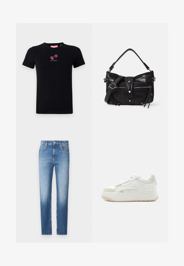 Schwarzes Baumwoll-T-Shirt mit kurzen Ärmeln, Rundhalsausschnitt und gestickten Erdbeeren sowie dem Text "Lass uns entspannen" in Weiß.; Hellblaue Denim-Jeans mit geradem Schnitt, verwaschenem Look, fünf Taschen und einem Knopfverschluss an der Taille. Auffälliges Steppdetail.; Weißer Low-Top-Sneaker mit strukturierter Sohle, Schnürung vorne und gesteppte Paneeldetails auf hellem, einfarbigem Hintergrund.; Even&Odd by Zalando H24462 - Handtasche - black