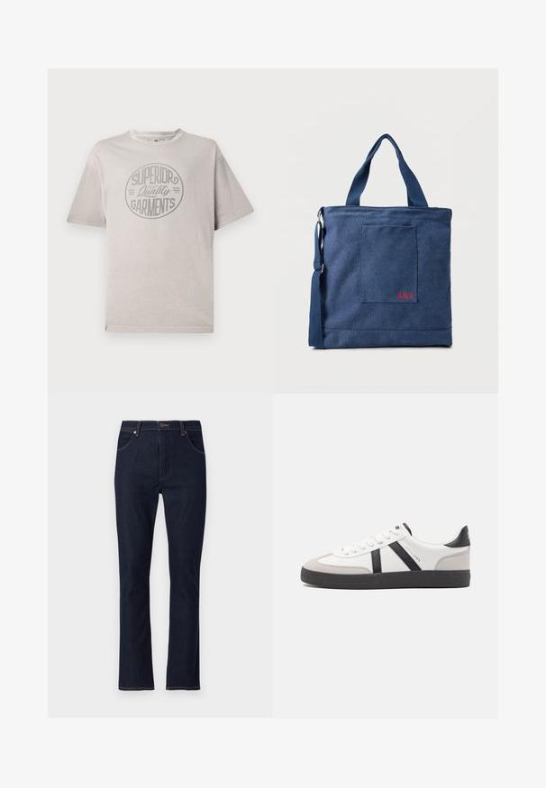 Camiseta gris de manga corta hecha de algodón con escote redondo. Presenta un gráfico circular que dice "Prendas de Calidad Superior."; Vaqueros azul oscuro de corte recto, con bolsillos delanteros, trabillas para cinturón y cierre de botón.; Zapatilla blanca con acentos en negro y gris, que presenta una puntera texturizada en gris, suela de goma negra y cordones planos blancos. Diseño limpio, estilo minimalista.; Bolso tote de lona azul con bolsillo frontal y bordado rojo "O.N.S", con asas dobles y una correa ajustable para el hombro.