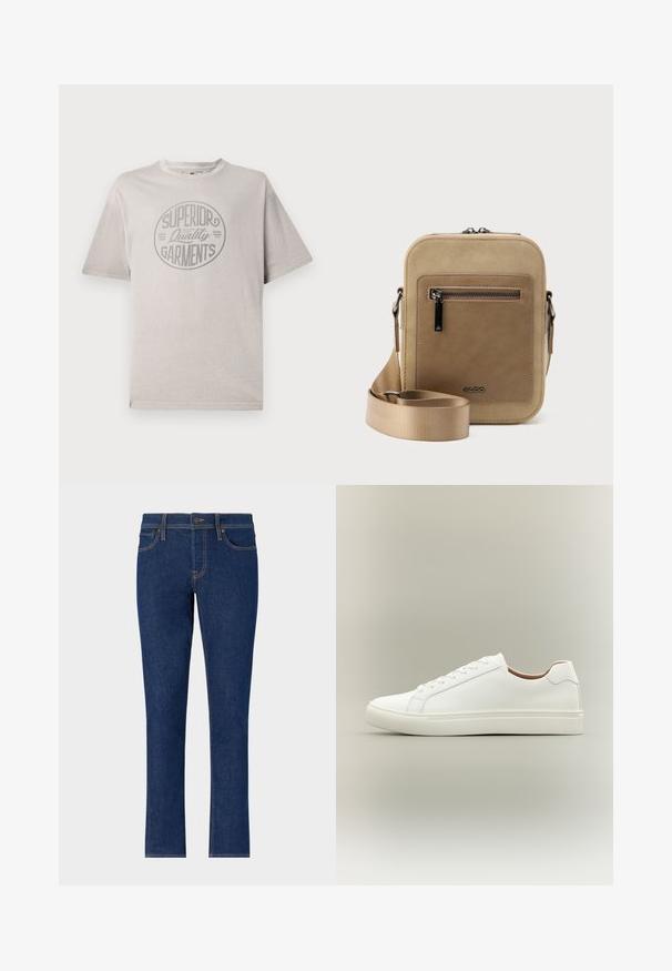 Camiseta gris de manga corta hecha de algodón con escote redondo. Presenta un gráfico circular que dice "Prendas de Calidad Superior."; Jeans de mezclilla azul oscuro con un diseño de pierna recta, que cuentan con costuras sutiles, cinco bolsillos y un cierre de botón en la cintura.; Zapatilla blanca de corte bajo con cierre de cordones y suela plana, mostrada de perfil sobre un fondo neutro.; Bolso pequeño beige tipo bandolera con bolsillo frontal con cremallera, logo metálico de ALDO, correa ancha ajustable y forma rectangular redondeada sobre fondo blanco.