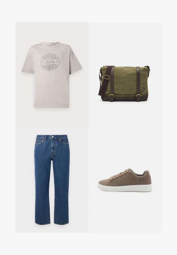 Graues T-Shirt mit kurzen Ärmeln aus Baumwolle und rundem Halsausschnitt. Mit einem kreisförmigen Aufdruck, der "Superior Quality Garments" liest.; Blaue gerade Jeans aus Denim mit einem Knopfverschluss, fünf Taschen und kontrastierenden orangen Nähte.; Braune Wildledersneaker mit flachen weißen Gummisohlen, Schnürdesign, abgerundete Zehen und einer glatten Textur. Minimalistischer Stil mit dezenten Nähdetails.; Grüne Stoff-Umhängetasche mit braunen Lederakzenten, einer Vorderklappe, verstellbarem Schultergurt und Reißverschlussverschluss an der Oberseite. Ausgestattet mit goldenen Beschlägen.