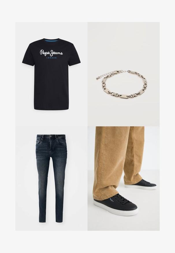 Μαύρο βαμβακερό T-shirt με λευκό λογότυπο "Pepe Jeans" με μπλε λεπτομέρεια, στρογγυλή λαιμόκοψη και κοντά μανίκια. Απλός, συμπαγής σχεδιασμός.; Σκούρα μπλε τζιν παντελόνι με slim fit, πέντε τσέπες, ίσια πόδια και αντίθεση στα ραφές, με κούμπωμα και φερμουάρ.; Μαύρα δερμάτινα αθλητικά παπούτσια με λευκές καουτσούκ σόλες. Φορεμένα με τα καφέ κορδόνια παντελόνια που έχουν κατακόρυφες ραφές και χαλαρή εφαρμογή.; Ασημί μεταλλικό βραχιόλι αλυσίδας με εναλλάξ ορθογώνιους και οβάλ κρίκους, ρυθμιζόμενο κούμπωμα με μικρό στρογγυλό μπρελόκ σε λευκό φόντο.