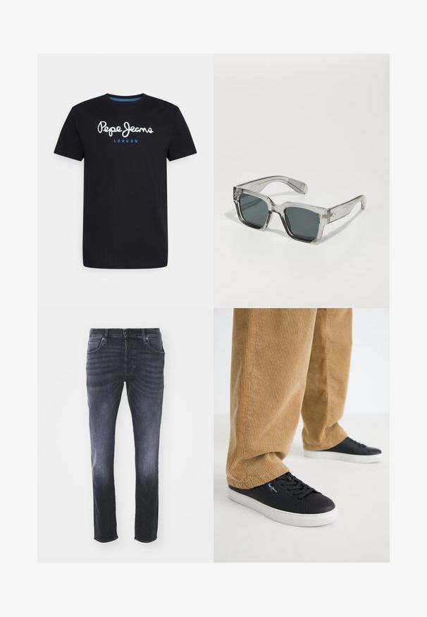 T-shirt en coton noir avec un logo en script blanc "Pepe Jeans" accentué de bleu, col rond et manches courtes. Design simple et uni.; Jean en denim gris foncé avec un design classique à jambe droite, featuring des poches avant, une fermeture éclair avec bouton et un léger dégradé.; Baskets en cuir noir avec des semelles en caoutchouc blanches. Portées avec un pantalon en velours côtelé beige à côtes verticales et à coupe décontractée.; Lunettes de soleil claires et surdimensionnées avec des verres foncés, dotées d'une monture rectangulaire épaisse et d'accents texturés sur les branches. Fabriquées en plastique transparent.