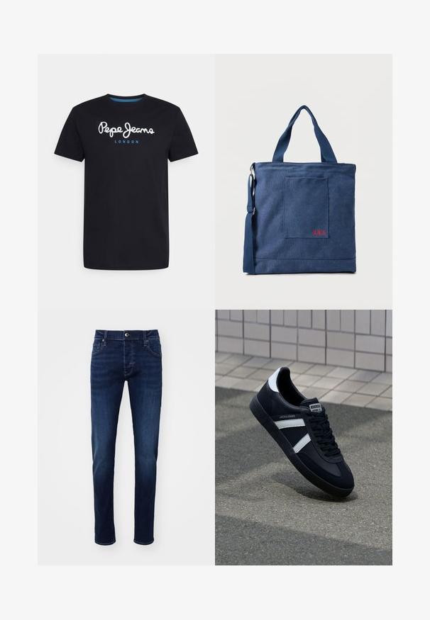 T-shirt en coton noir avec un logo en script blanc "Pepe Jeans" accentué de bleu, col rond et manches courtes. Design simple et uni.; Jeans en denim slim-fit bleu foncé avec bouton avant, poches, passants de ceinture et détails de décoloration subtils sur les jambes.; Sneaker en cuir noir avec des rayures blanches, semelle en caoutchouc texturée et devant à lacets. Présente une étiquette de marque sur la languette.; Sac fourre-tout en toile bleue avec poche frontale et broderie rouge "O.N.S", doté de doubles poignées et d'une bandoulière réglable.