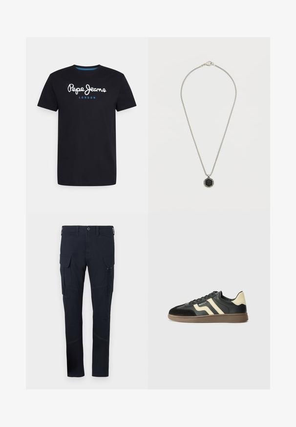 Mustvalge puuvillane T-särk, millel on valge script logo "Pepe Jeans" sinise aktsendiga, ümar kaelus ja lühikesed varrukad. Lihtne, ühtlane disain.; Tumedast tumesinise kangaga cargo-püksid, millel on mitu taskut, sealhulgas külje-cargo taskud ja nähtavad õmbluse detailid. Kitsas lõige.; Must beež ja must spordijalats, millel on sileda naha ülemine osa, sametised varbad ja tekstureeritud pruun kummitald. Omab kontrastseid riba.; Hõbedast kett kaelakee, millel on must kuusnurkne ripats tekstureeritud pinnaga, esile tõstetud hõbedase äärisega.