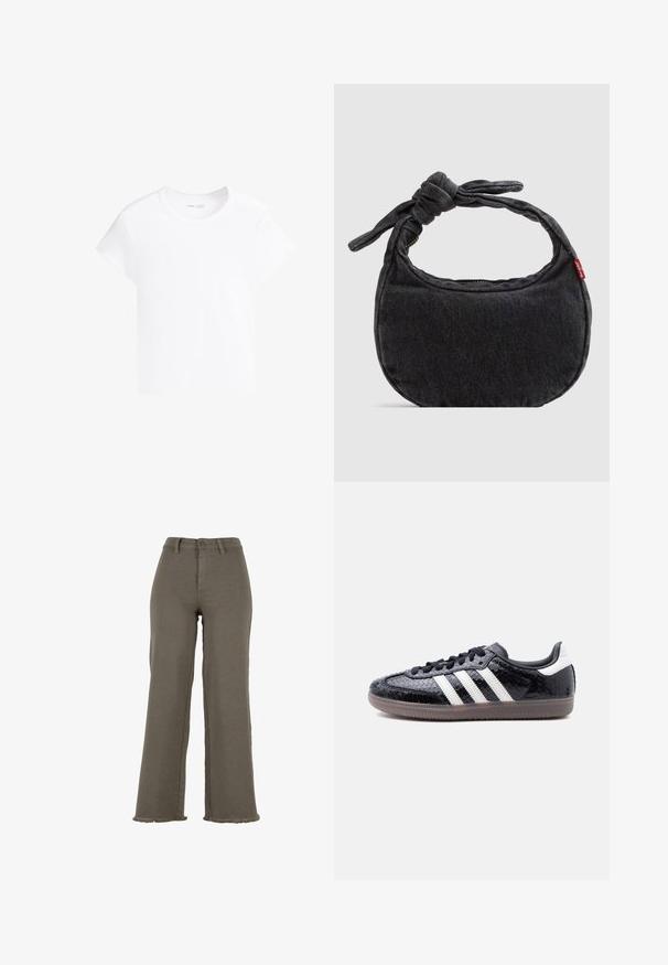 Schlichtes weißes kurzärmeliges Crop-T-Shirt mit rundem Ausschnitt, dargestellt vor weißem Hintergrund.; Weit geschnittene Hosen mit hoher Taille in Olivgrün mit Knopf- und Reißverschluss, Gürtelschlaufen und ausgefransten Säumen.; Schwarzer Sneaker mit flachem Profil und texturiertem Schlangenledermuster, weißen Streifen an der Seite, schwarzen Schnürsenkeln und einer durchscheinend braunen Sohle.; Kleine schwarze Jeans-Umhängetasche mit geknotetem Riemen und Reißverschluss, mit einem roten Levi's Stoffetikett an der Seite.