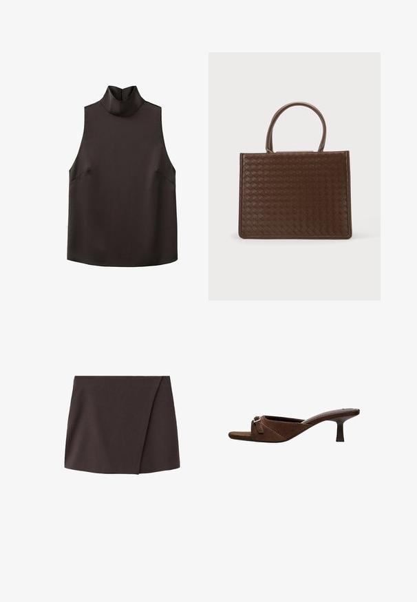 Haut noir sans manches avec un col montant haut et un tissu lisse, légèrement structuré.; Mini-jupe asymétrique marron foncé avec un léger chevauchement à l'avant, fabriquée à partir d'un tissu lisse.; Mule ouverte en suède marron avec talon bas en forme de petit chat et détail de boucle argentée sur une large bride traversant le pied.; Sac à main en cuir marron avec un motif tissé et deux poignées arrondies, forme rectangulaire, sur un fond clair uni.