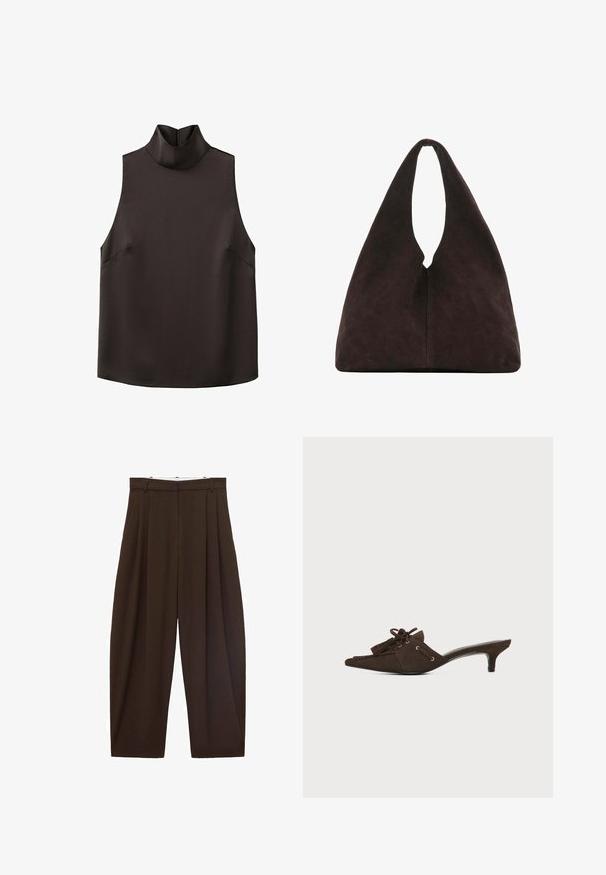 Ærmeløs sort top med høj rullekrave og et glat, let struktureret stof.; Brune højtaljede bukser med folder, lavet af glat stof. Løs pasform, straight leg design, med bæltestropper og lynlås.; Brun ruskind mule-sko med spids tå, lav kittenhæl, snøring med sløjfe og kvastdetaljer på hvid baggrund.; Blød mørkebrun trekantet skuldertaske med ét bredt håndtag øverst og en glat overfladestruktur.