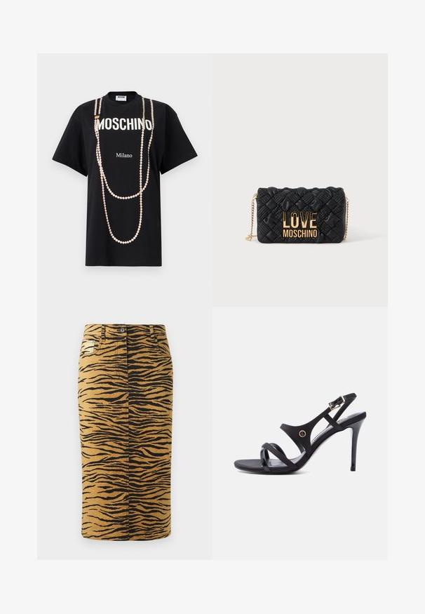 Čierne tričko s nápisom "MOSCHINO" a "Milano". Ozdobené potlačou ružových perličiek v tvare visiaceho náhrdelníka. Krátke rukávy.; Sukňa s tigrovaným vzorom na zlatom pozadí s čiernymi vzormi. Vyrobená z denimu, má rovný strih a obsahuje vrecká.; Čierna sandála na vysokom opätku s tenkými remienkami, prackou okolo členka a štíhlym ihlovým opätkom na bielom pozadí.; Čierna prešívaná crossbody kabelka so zlatým reťazovým remienkom a veľkým zlatým logom "LOVE MOSCHINO" na prednej strane.