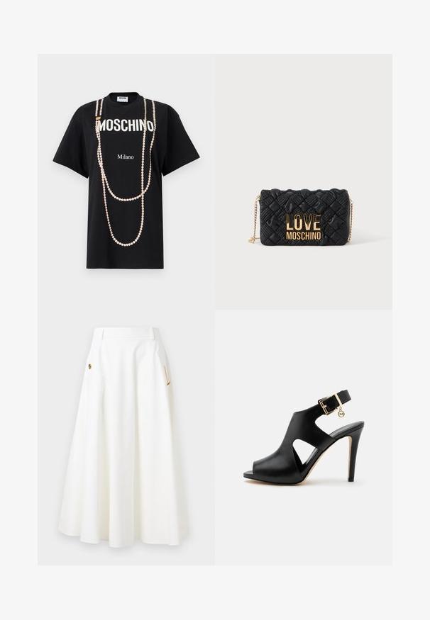 Sort T-shirt med teksten "MOSCHINO" og "Milano". Pyntet med et print af lyserøde perleagtige perler, der ligner hængende halskæder. Korte ærmer.; Hvid A-line midi-nederdel med sidelommer, guldkæde og dekorative knapdetaljer samt bæltesløjfer i taljen.; Sort læderhøjhælet sandal med åben tå, sideskæringer, ankrem, gyldent spænde og lille rund vedhæng på en lys baggrund.; Sort quiltet crossbody taske med guldkæde-rem og stort guld "LOVE MOSCHINO" logo foran.